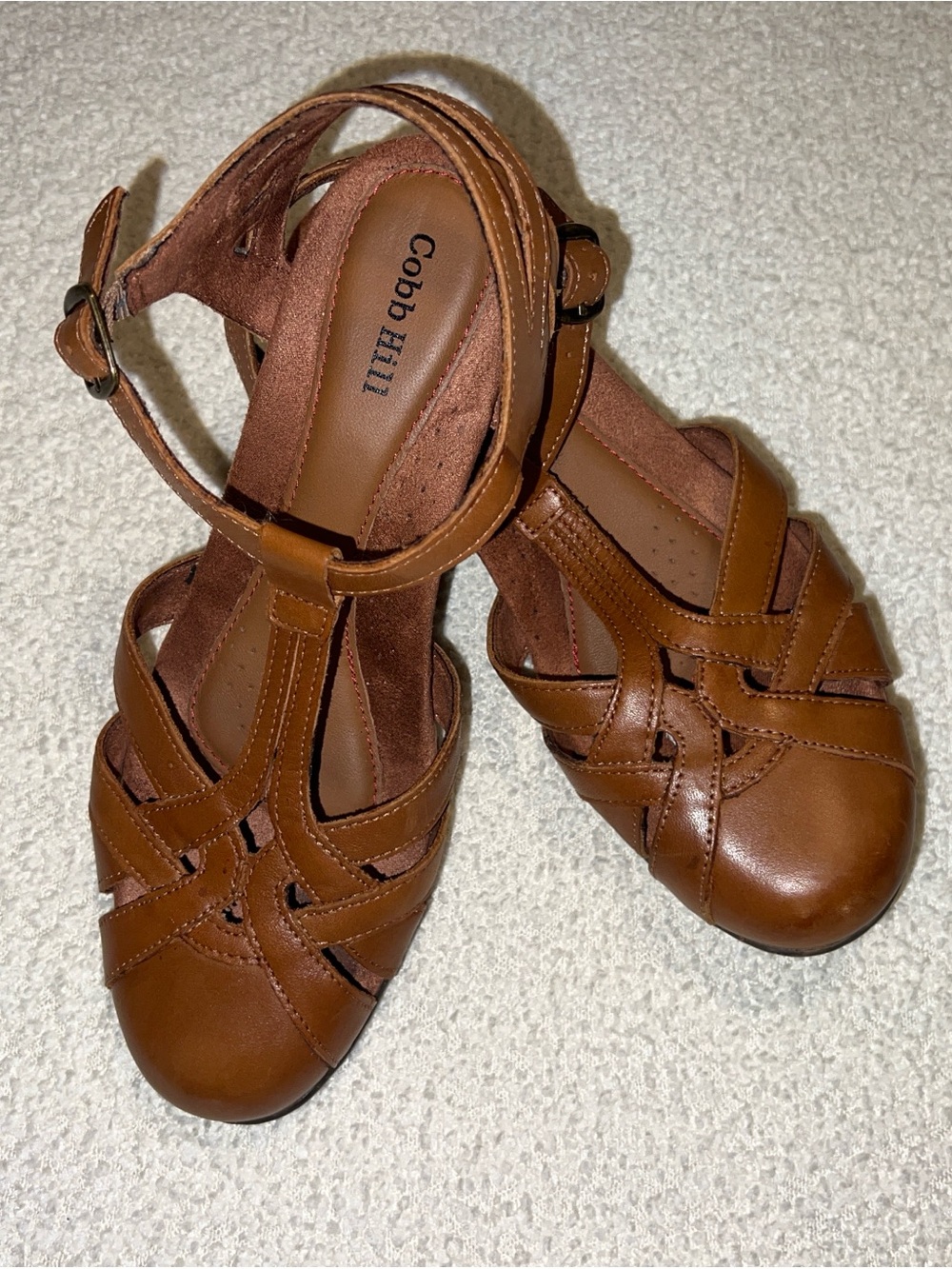 Rockport Cobb Hill Retro Sz 7.5 Brown Leather T-Strap Woven Heels